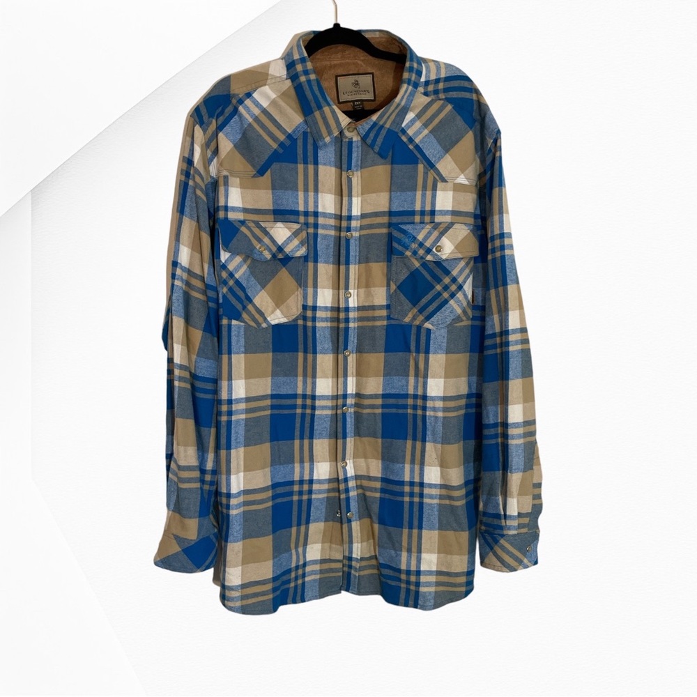 Legendary WhitetailsBuck Camp Blue and Tan Flannel Shirt Men’s 2XLT Pearl Snap